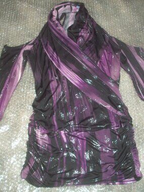 womens sexy cold shoulder shiny blouse.purple multi.size large